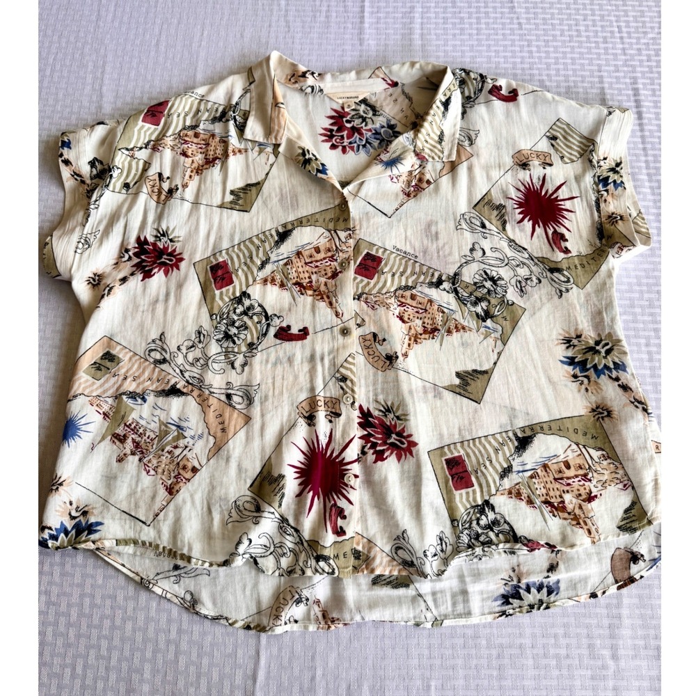Lucky Brand Mediterranean Map Postcard Print Cotton Gauze Shirt XL Cream